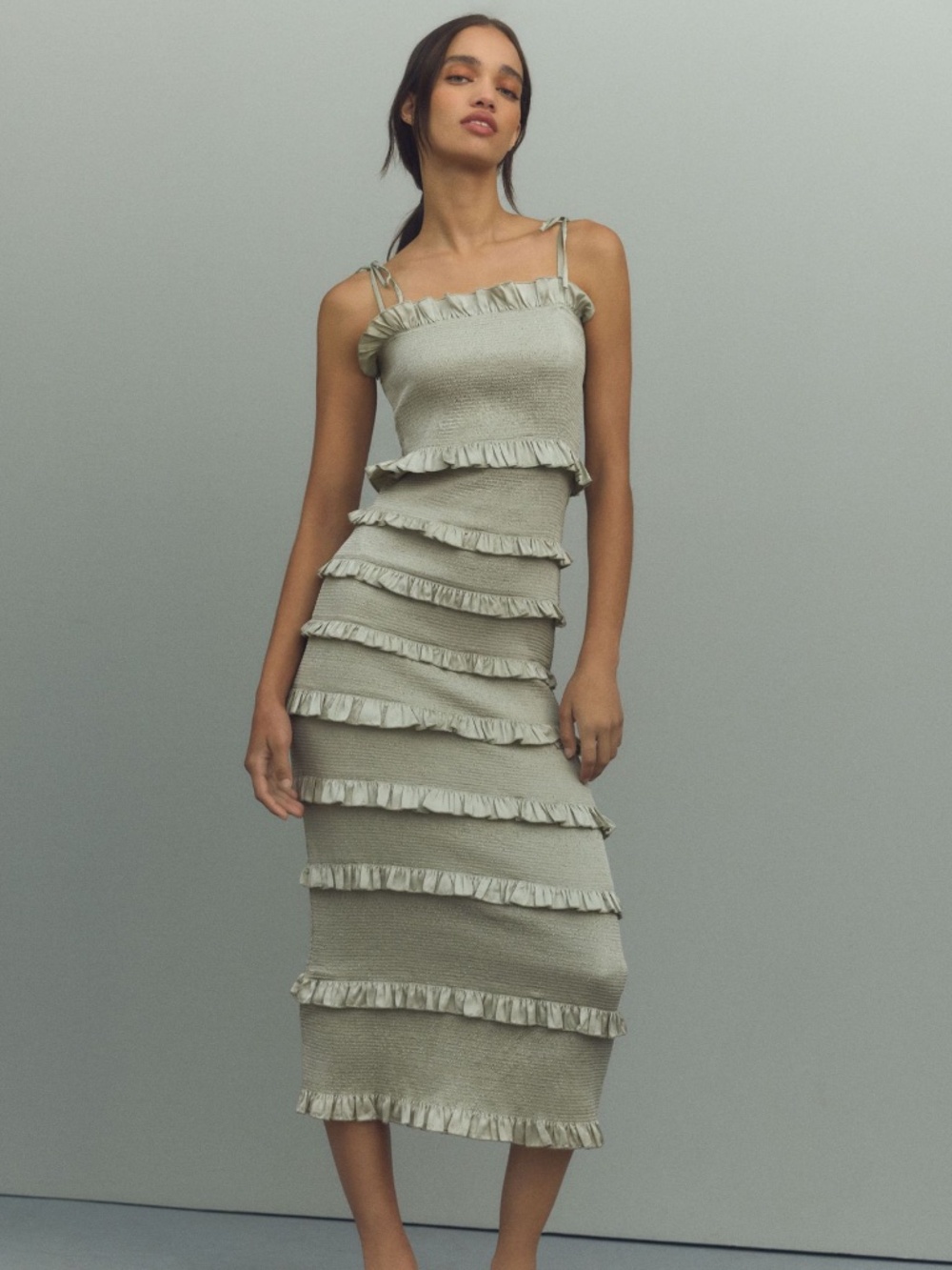 V. Chapman Anthropologie Sage Green Lily Ruched & Ruffled Stretch Midi Dress 8